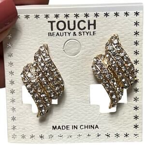 Vintage Rhinestone Clip On Earrings Gold Leaf Statement Costume Jewelry